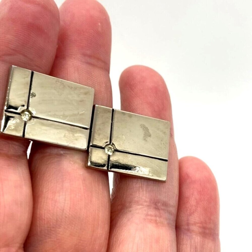 Vintage Polished Silver Tone Cufflinks Rectangle Clear Crystal Rhinestone‎